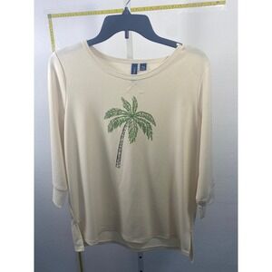 Casey & Max Cream Rhinestone Palm Tree Top PM Petite Medium 3/4 Sleeve Tropical